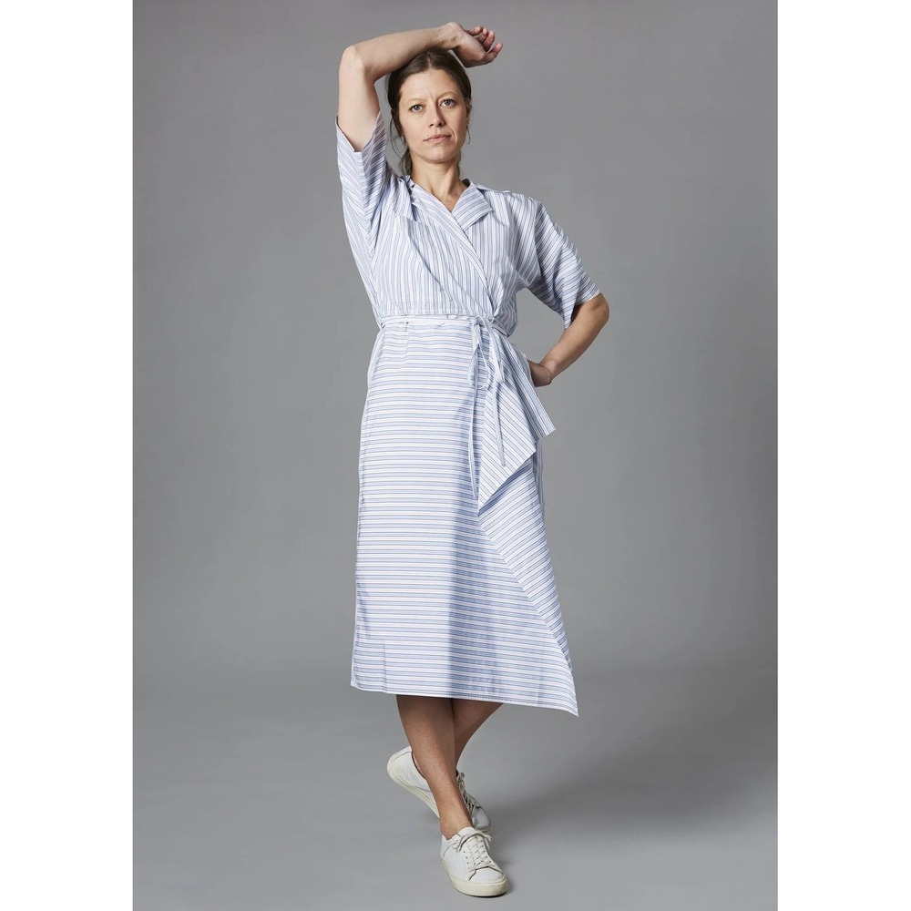 Sofie D'Hoore Dina Striped Cotton Wrap Midi Dress Sky Blue White Size 36
